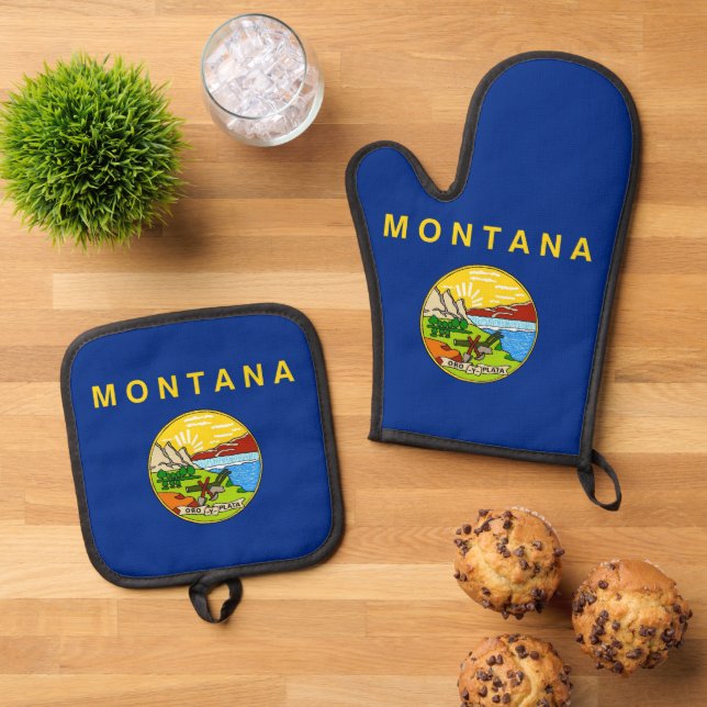 Oven Mitt, Pot Holders with flag of Montana, USA Oven Mitt & Pot Holder Set (Top Down)