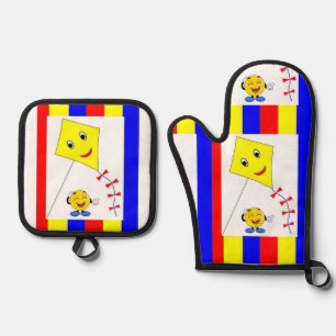 Oven Mitt & Pot Holders Yellow Bue Red Kite Holder Set