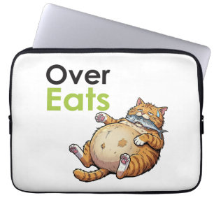 Over Eats - Funny Fat Cat Eating Fish Cartoon Laptop Sleeve