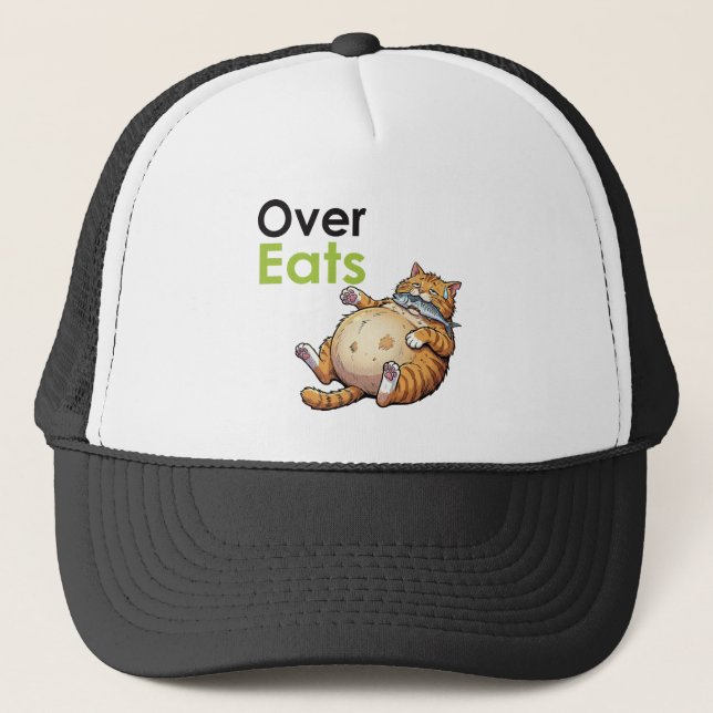 Over Eats - Funny Fat Cat Eating Fish Cartoon Trucker Hat (Front)