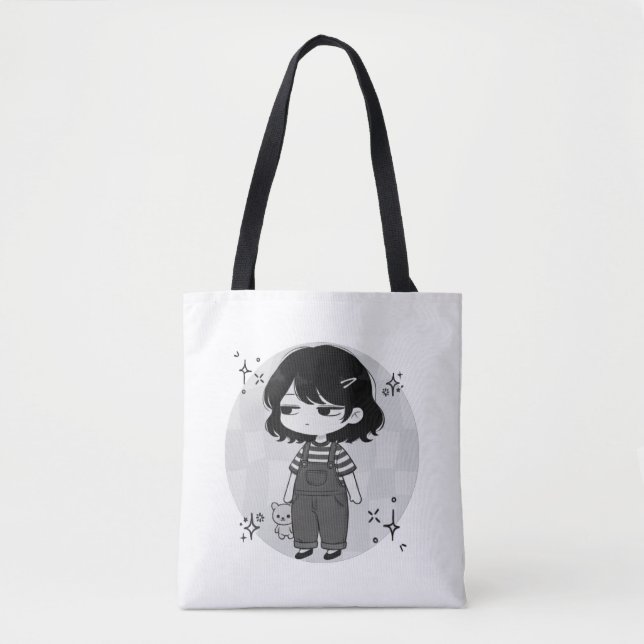 Over It Round Aesthetic Chibi Girl Illustration Tote Bag (Front)