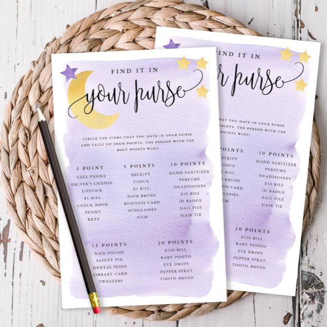 Over Moon Purse Scavenger Game Paper Cards-Purple (Over the Moon Themed-Purple, What's in Your Purse Game Cards)
