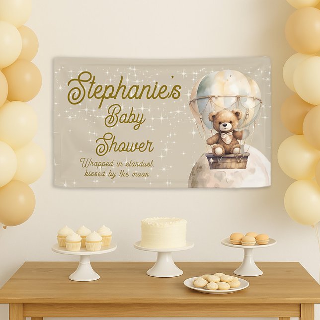 Over Moon Teddy Bear Gender Neutral Baby Shower Banner (Over the moon teddy bear / hot air balloon gender neutral baby shower banner)