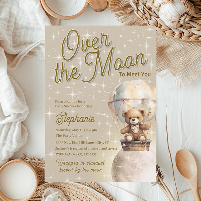 Over Moon Teddy Bear Gender Neutral Baby Shower Invitation (Cute teddy bear and hot air balloon Over the Moon baby shower invitation)
