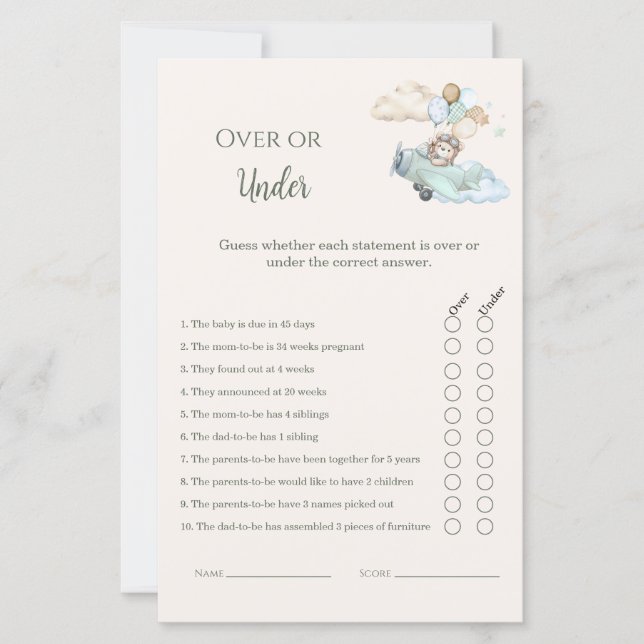 Over or Under Baby Shower Game Bearly Wait Boy  (Front)