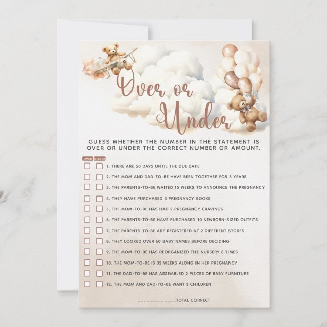 OVER OR UNDER Baby Shower Game Cute Bear Balloons Invitation (Front)