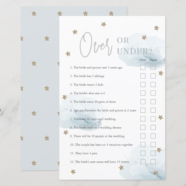 Over or Under Blue Clouds Bridal Shower Game (Front/Back)