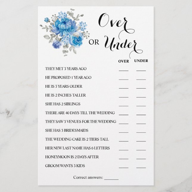 Over or Under Blue Flower Couples Shower Game Card (Front)
