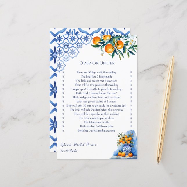 Over or Under blue talavera bridal shower games (Front/Back In Situ)