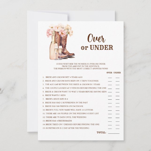 OVER or UNDER Boots Bubbly Bridal Shower GAME Invitation (Front)