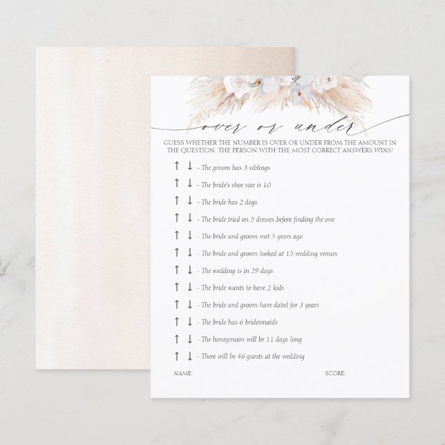 Over or Under Bridal Shower Game (Front/Back)