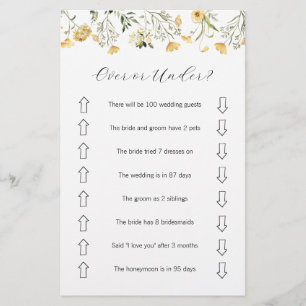 Over or Under Bridal Shower game card