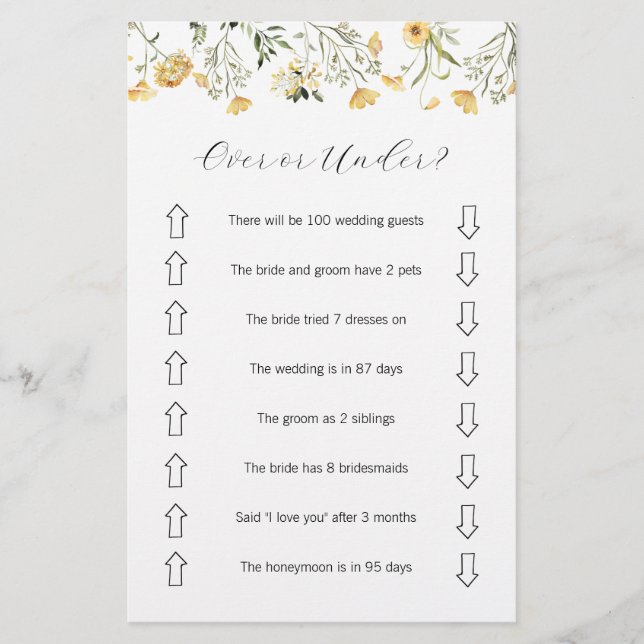 Over or Under Bridal Shower game card  (Front)