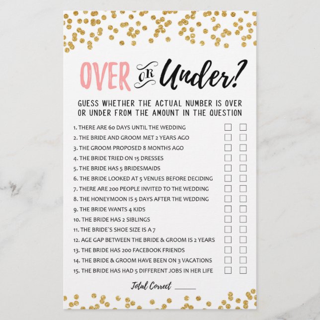 Over or Under Bridal Shower or Hen Party game (Front)