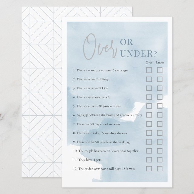 Over or Under Bue Sky Bridal Shower Game (Front/Back)
