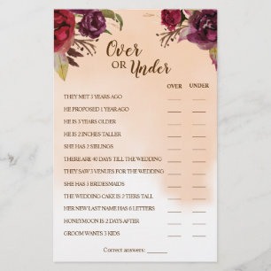 Over or Under Burgundy Couples Shower Game Card
