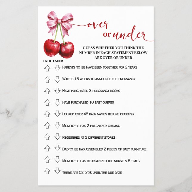 Over or Under Cherry Baby Shower Game Card (Front)