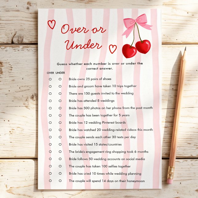 Over or Under Cherry Pink Bow Bridal Shower Game (Creator Uploaded)