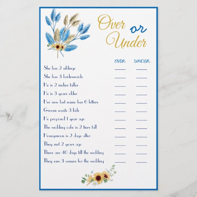 Over or Under Couple Shower Game Card Flyer (Front)