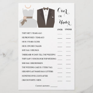 Over or Under Couples Shower Game Card