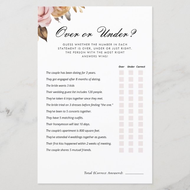Over or Under Espresso Bridal Shower Game (Front)