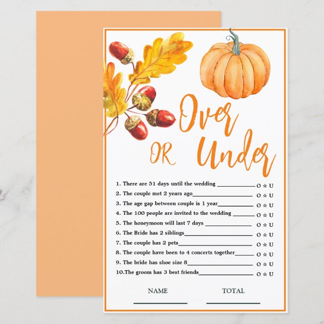 Over or Under Fall Pumpkin Bridal Game (Front/Back)