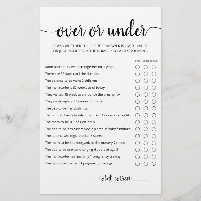 Over or Under Game Baby Shower party game (Front)