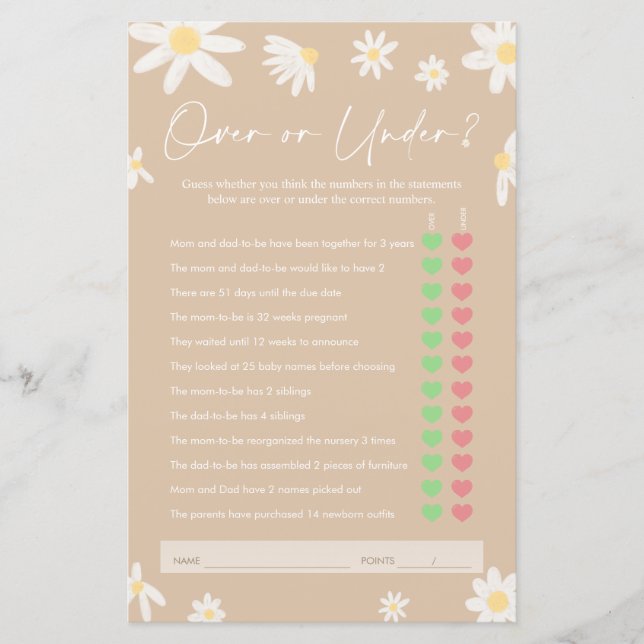 Over or Under Game, Beige Daisy Baby Shower Game (Front)