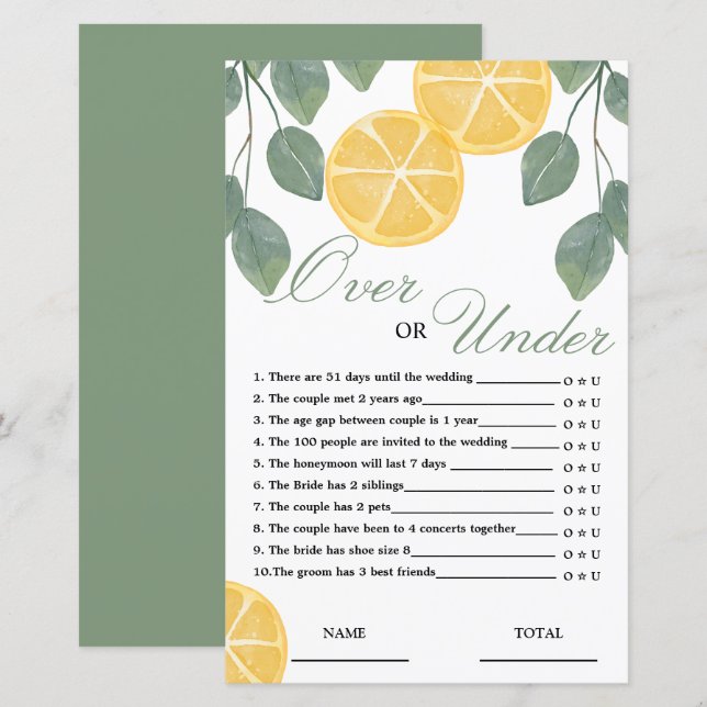 Over or Under Lemon Bridal Shower Game (Front/Back)
