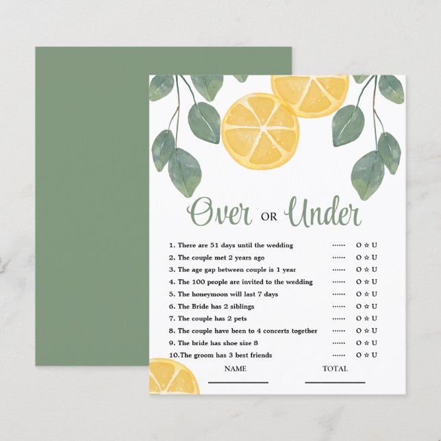 Over or Under Lemon Bridal Shower Game (Front/Back)
