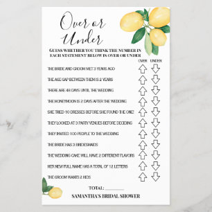 Over or Under Lemons Bridal Shower Game Card