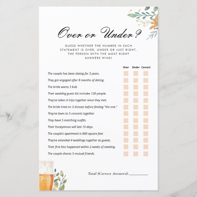 Over or Under Love is Brewing Bridal Shower Game (Front)