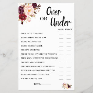 Over or Under Marsala Bridal Shower Game Card