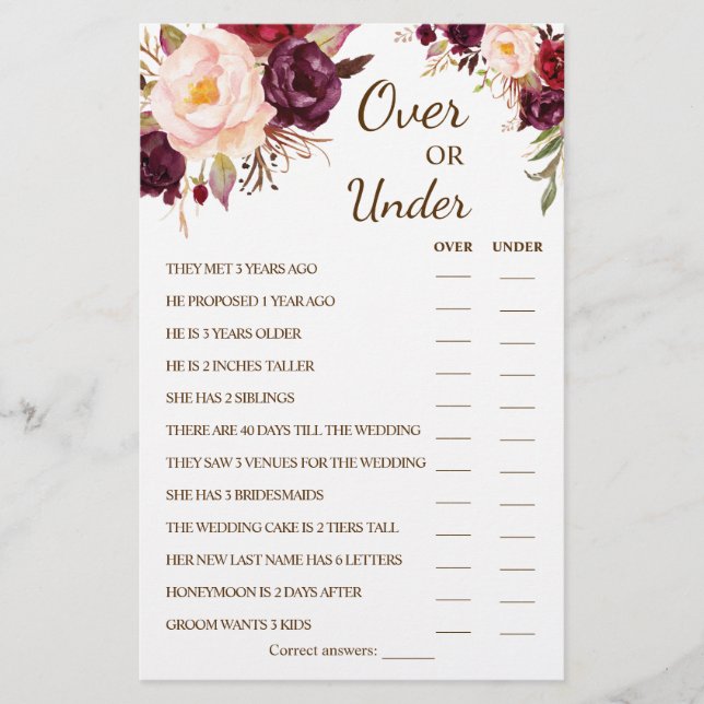 Over or Under Marsala Couples Shower Game Card (Front)