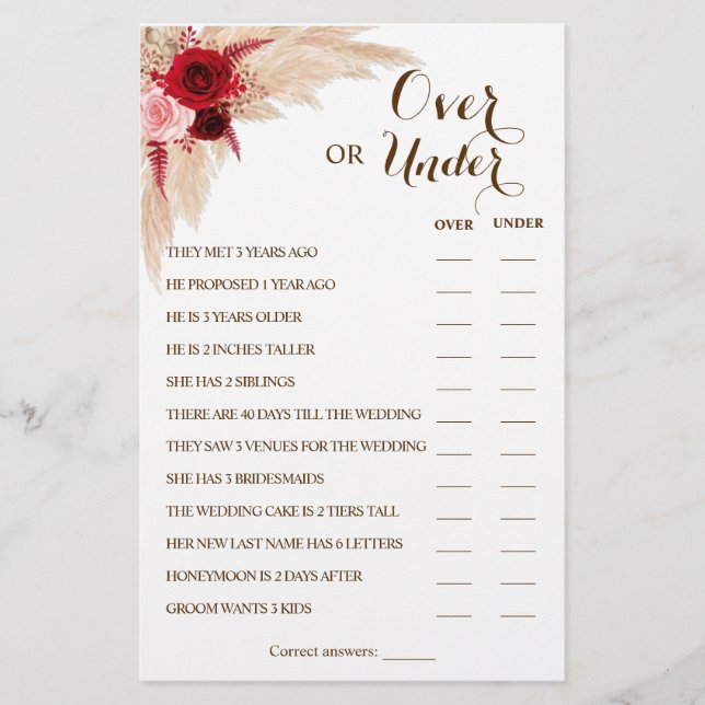 Over or Under Pampas Couples Shower Game Card (Front)