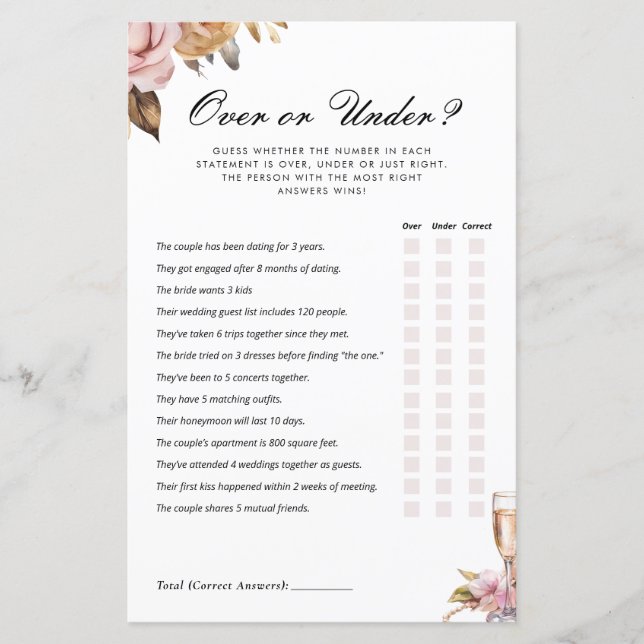 Over or Under Pearls Prosecco Bridal Shower Game (Front)