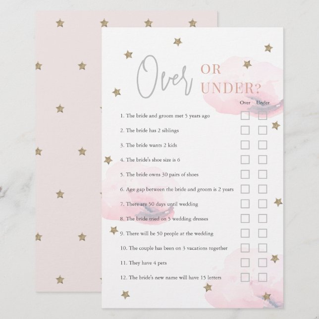 Over or Under Pink Clouds Bridal Shower Game (Front/Back)