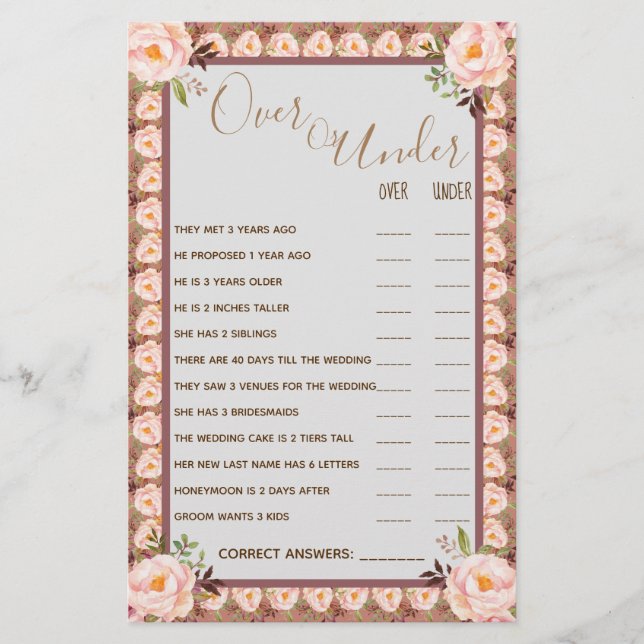 Over or Under Pink Floral Couples Shower Game Card (Front)