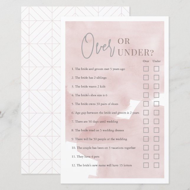 Over or Under Pink Sky Bridal Shower Game (Front/Back)