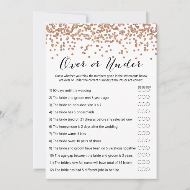 Over or Under Rose Gold Bridal Shower Game 5x7 Invitation (Front)