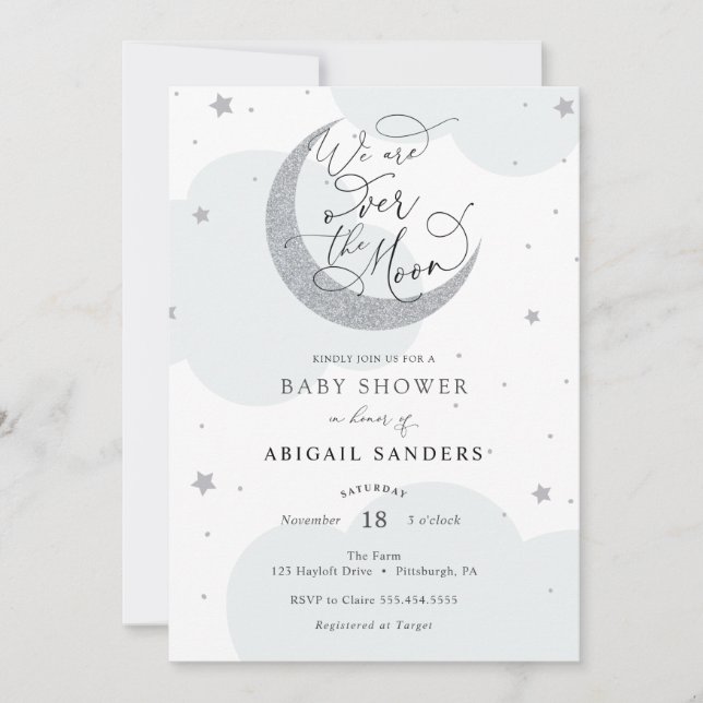 Over the Gold Silver Blue Baby Shower invitation (Front)