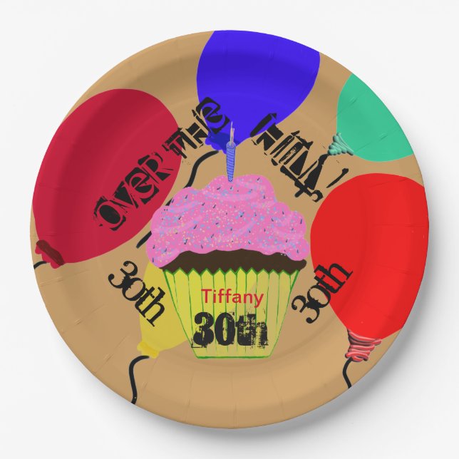 Over the Hill Pink Cupcake Balloons Plates (Front)