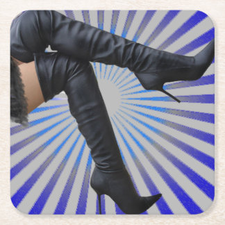 Over the Knee Thigh High Boots - Blue Starburst Square Paper Coaster