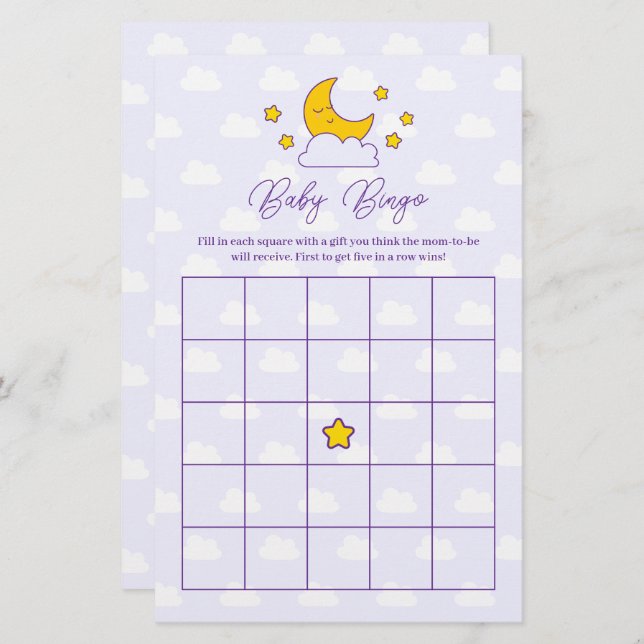 Over The Moon and Stars Baby Shower Bingo Game (Front/Back)