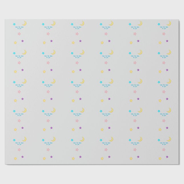 Over the Moon and Stars Custom Text Grey Backdrop Wrapping Paper (Flat)