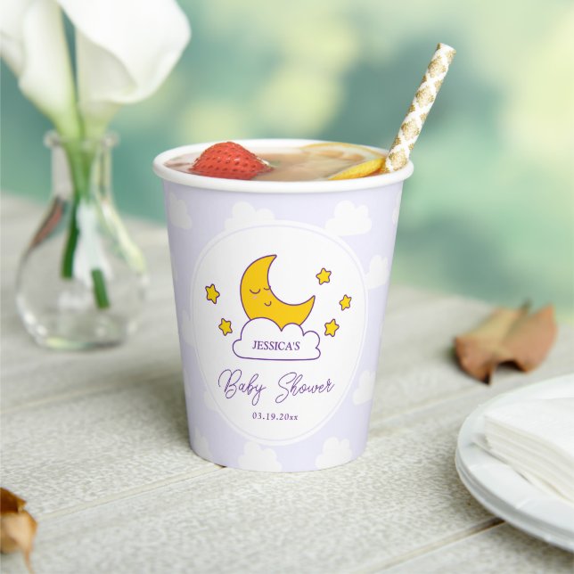 Over The Moon and Stars Gender Neutral Baby Shower Paper Cups (Insitu)