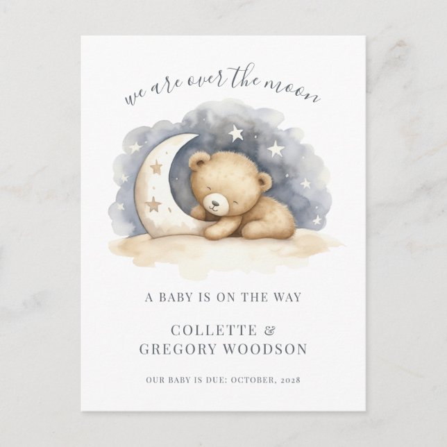 Over The Moon Baby Bear Moon Stars Pregnancy  Announcement Postcard (Front)