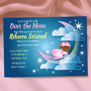 Over the Moon Baby Girl Shower Cradled on Crescent Invitation