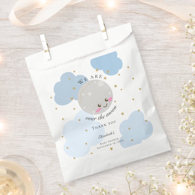 Over the Moon Baby Shower Blue Cute Gold Kawaii Favour Bags (Clipped)