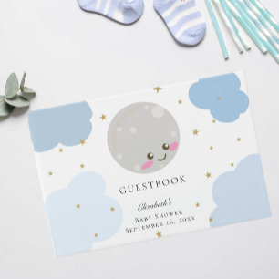 Over the Moon Baby Shower Blue Cute Gold Kawaii  Guest Book
